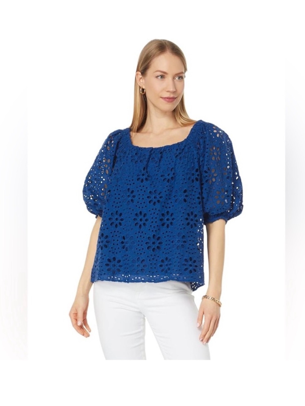 Lilly Pulitzer Royal Blue Eyelet Puff-Sleeve Top